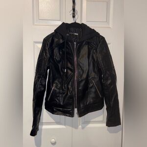 NWOT Fashion Nova Black Faux Leather Jacket with Hoodie